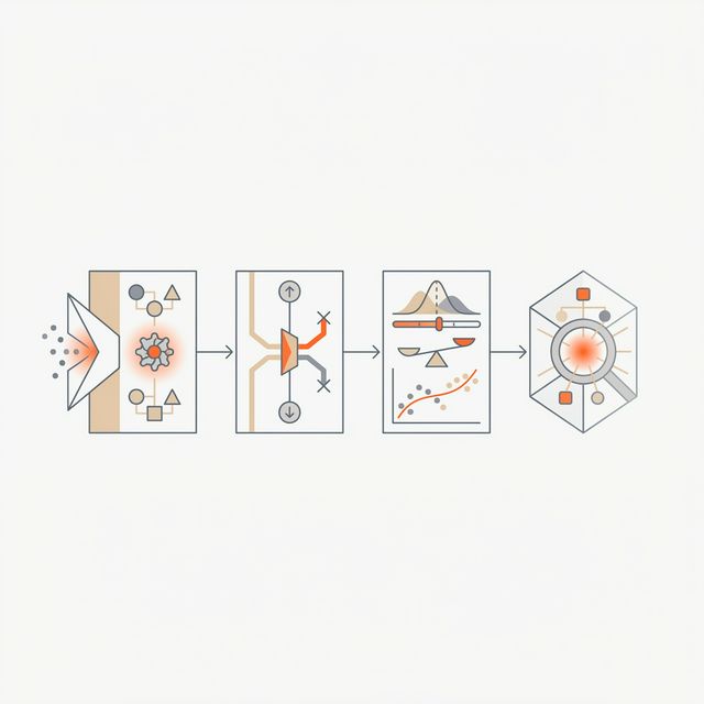 Minimalist abstract sequence showing six geometric stages of a machine learning model pipeline